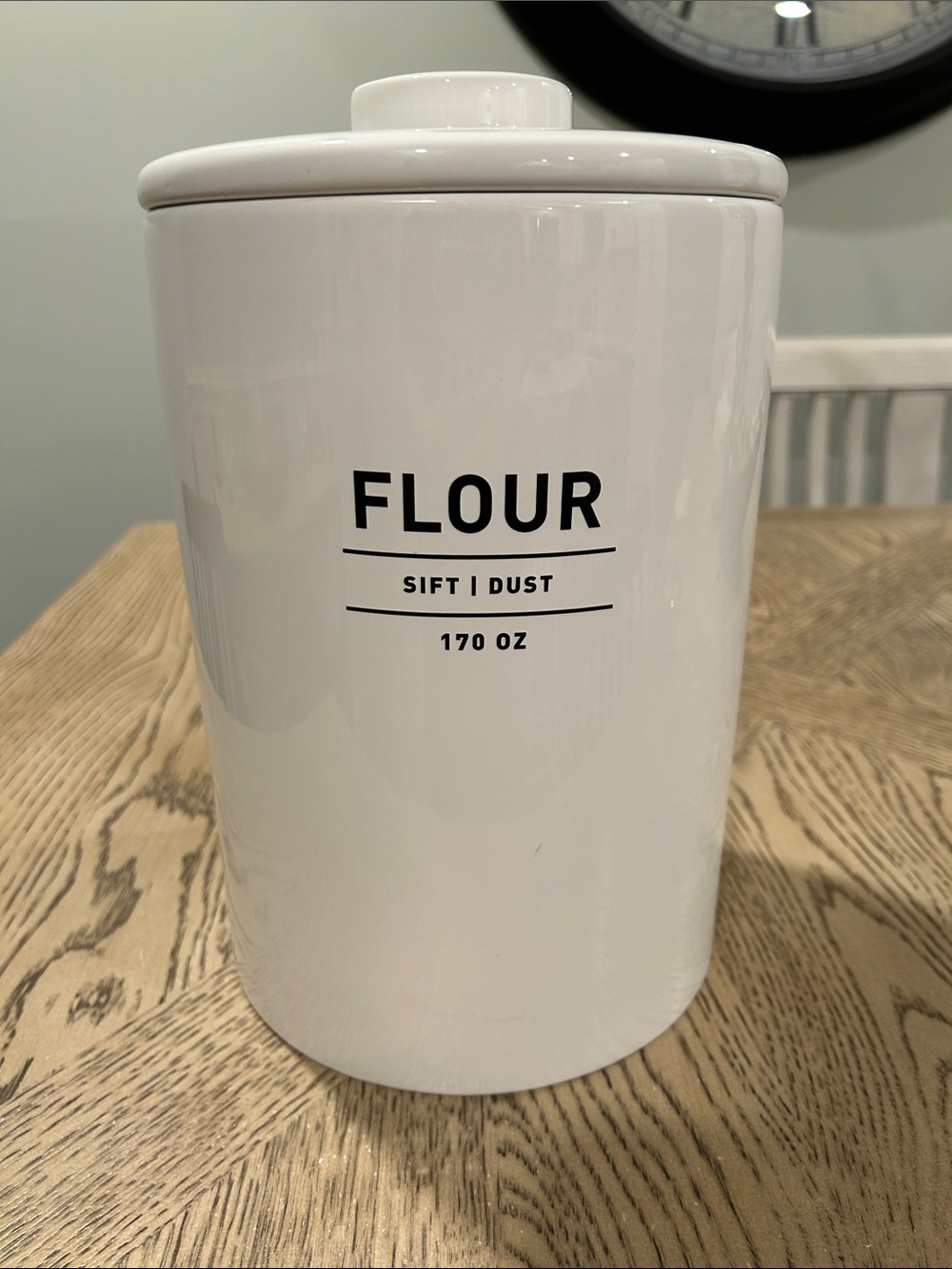 West Elm White Ceramic Flour Canister with Black Lettering